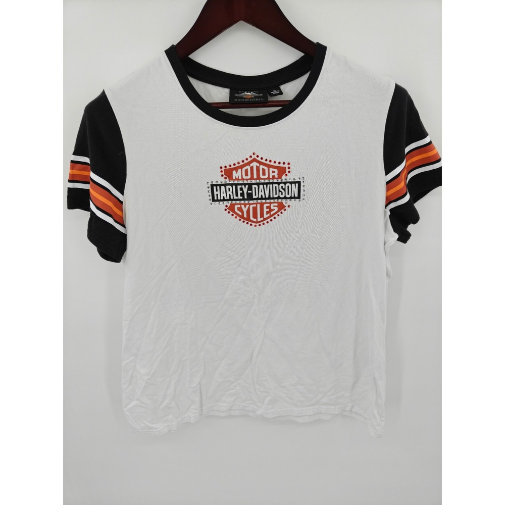 Harley-Davidson Womens White Ringer Tee Striped Sleeve Rhinestone 99121-20VW XL